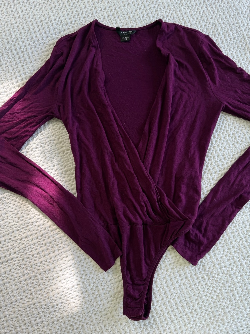 Marciano Deep Plum Wrap-Front Long-Sleeve Bodysuit